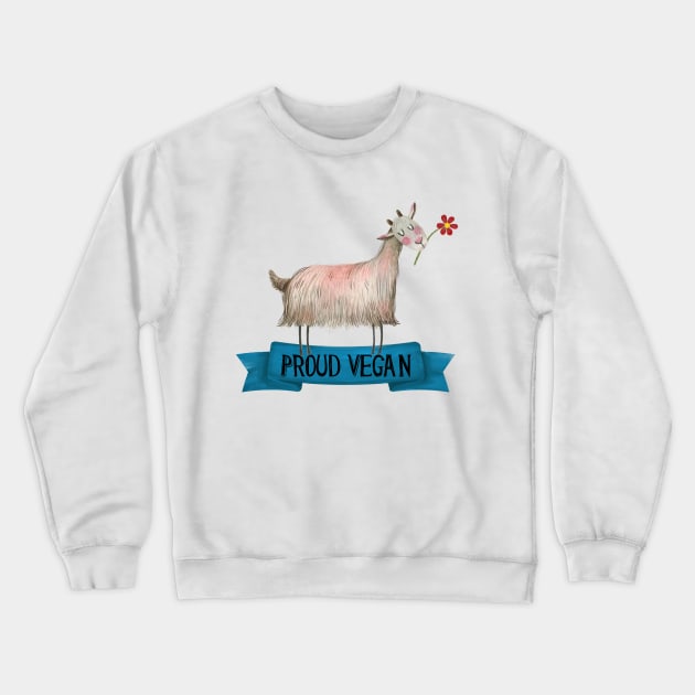 Proud Vegan Cute Goat With Flower Illustration Crewneck Sweatshirt by fineartgallery